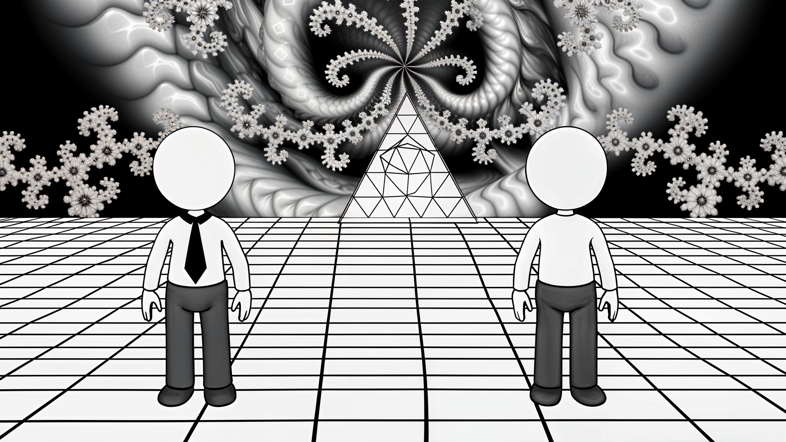 Minimalist Figures on Grid with Fractal Background