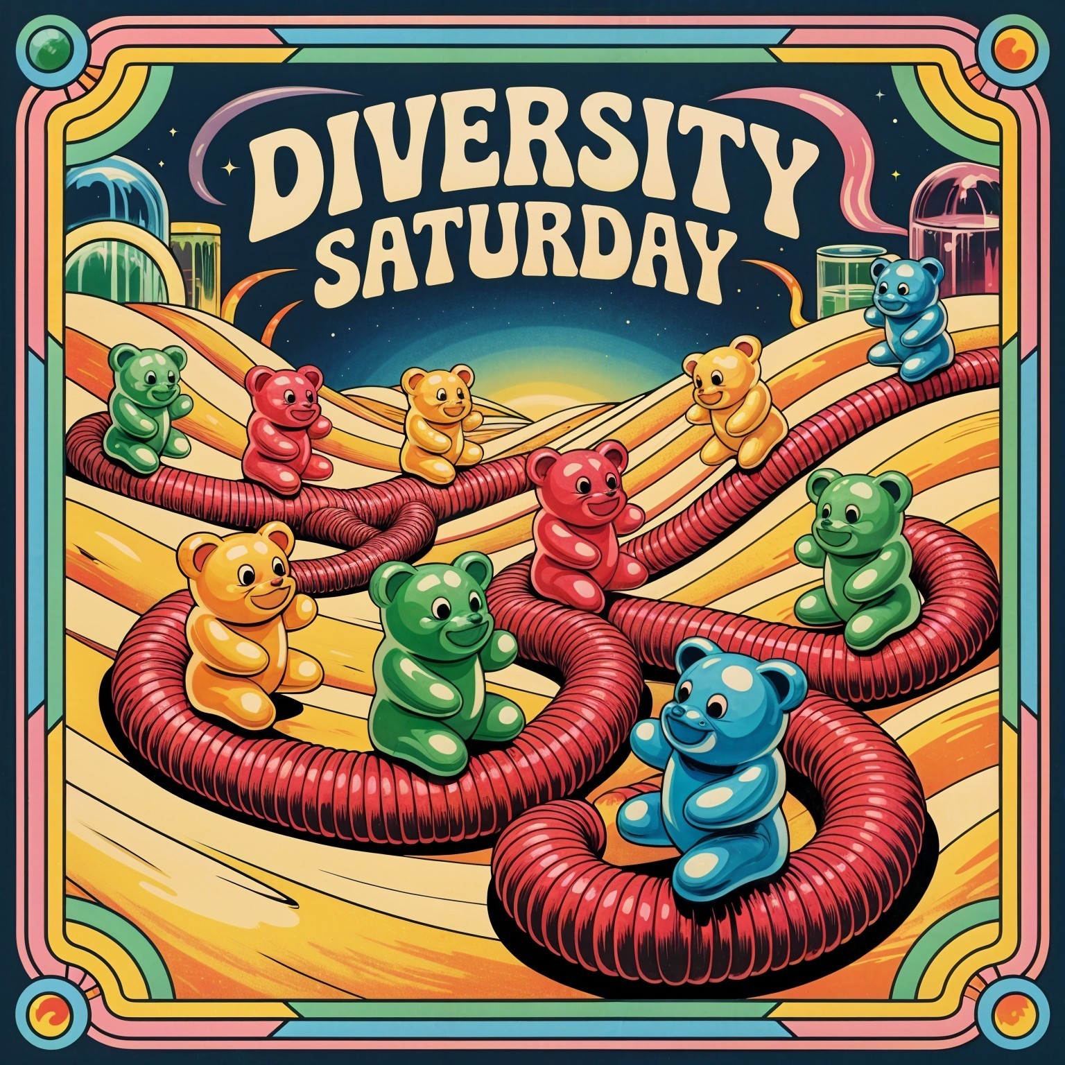 Vibrant Landscape with Colorful Gummy Bear Characters