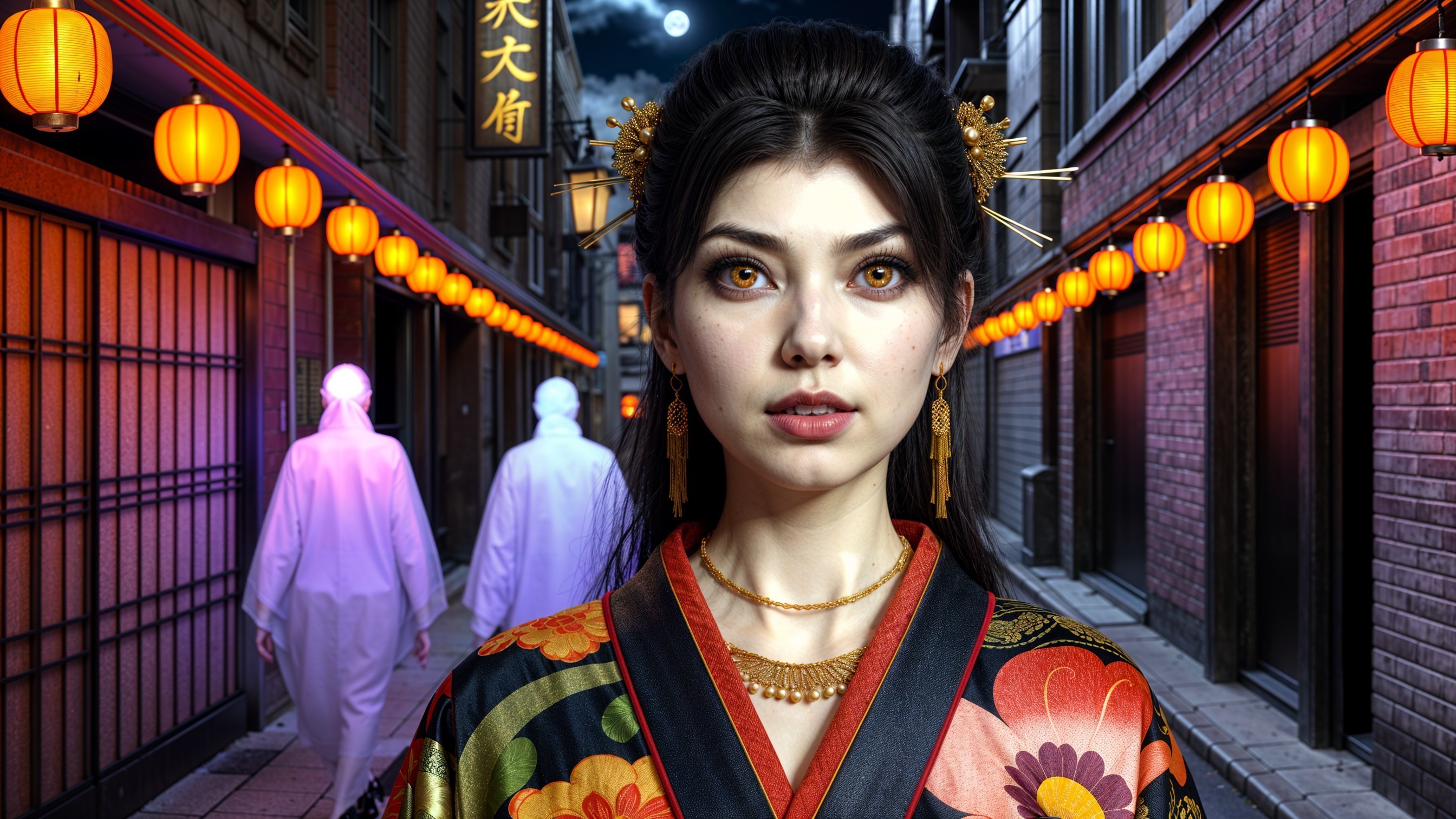 Young woman in kimono with ghostly figures in alley