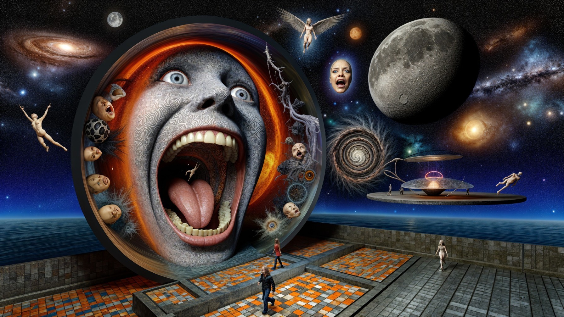 Surreal Cosmic Scene with Giant Face and Galaxies