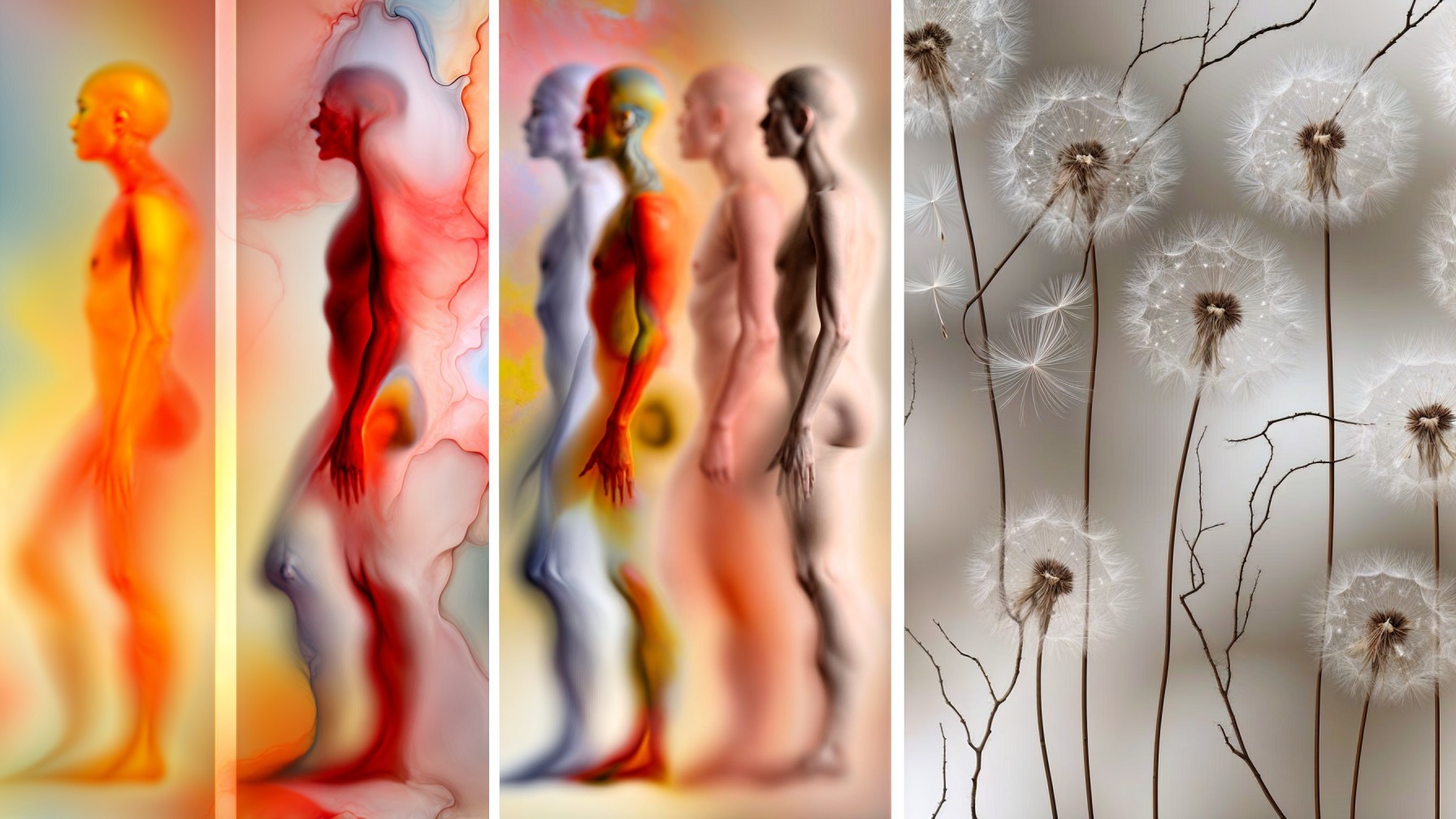 Abstract Human Figures and Dandelions in Color Gradients