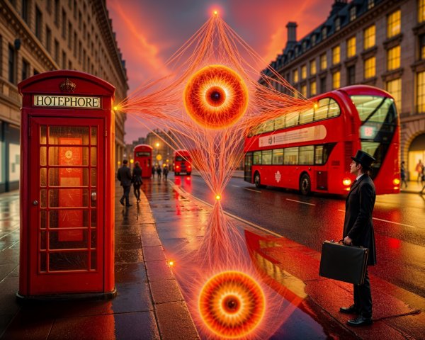 Urban Dusk Scene with Classic Telephone Booth and Buses