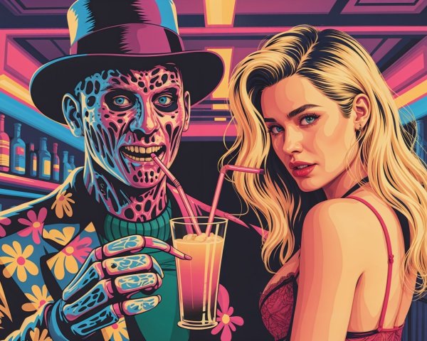 Colorful Bar Scene with Stylishly Dressed Figures