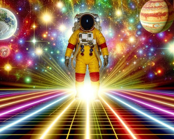 Astronaut in Yellow Suit Against Cosmic Backdrop