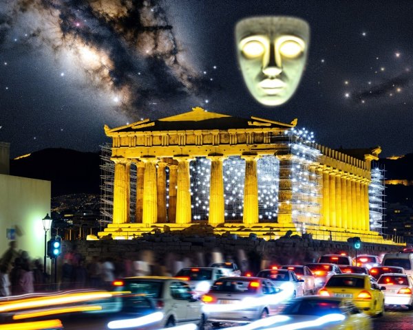 Illuminated Parthenon with Starry Night and Crowds