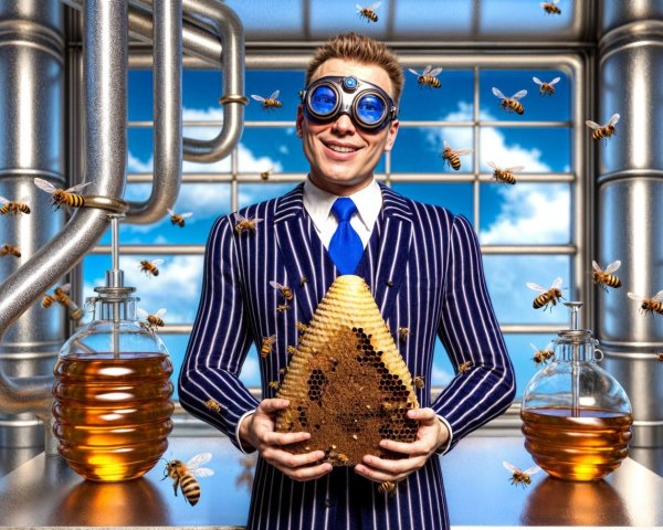 Cheerful Man in Pinstriped Suit with Honeycomb and Bees