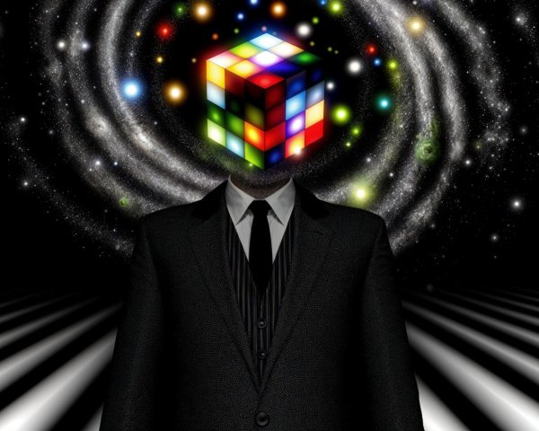 Faceless Figure in Suit with Rubik's Cube Head