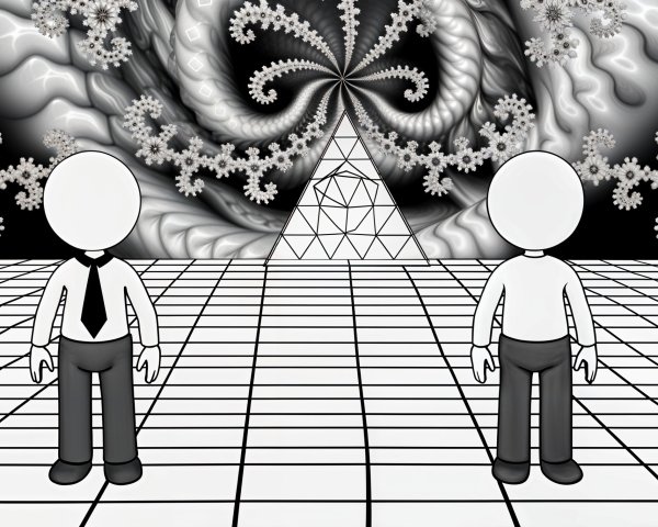 Minimalist Figures on Grid with Fractal Background