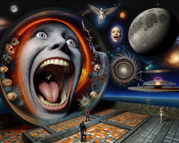 Surreal Cosmic Scene with Giant Face and Galaxies