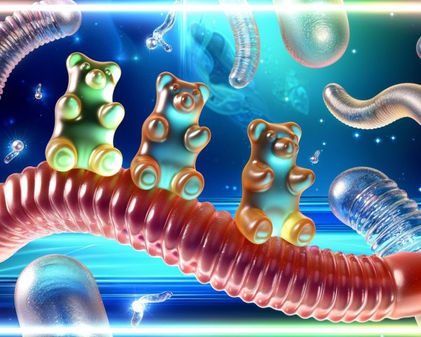 Whimsical Scene with Colorful Gummy Bears and Abstract Shapes