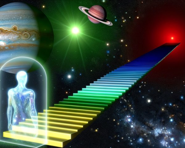 Rainbow-Colored Staircase in Cosmic Space Scene