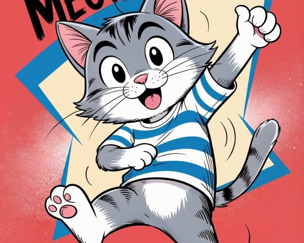 Cheerful cartoon gray cat dancing in vibrant setting