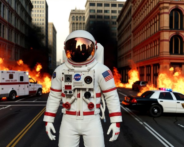 Astronaut in Urban Crisis Surrounded by Flames and Smoke