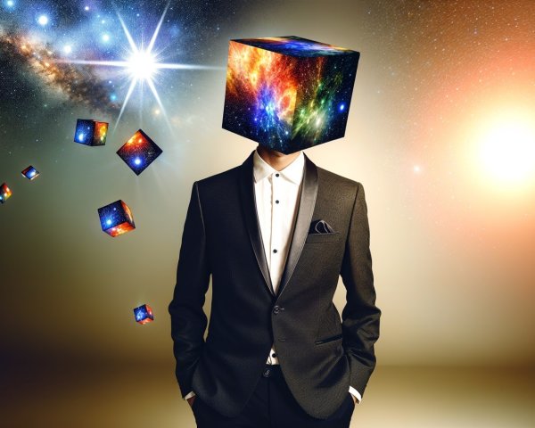 Suited Figure with Cosmic Cube Head in Space Setting