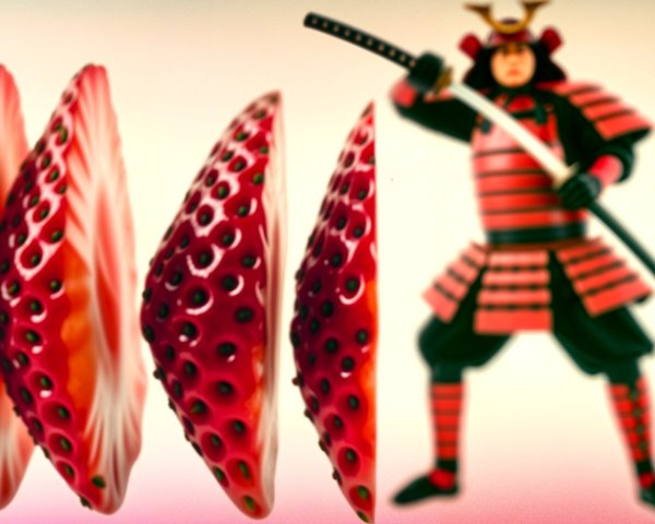 Stylized Samurai Warrior with Floating Strawberries