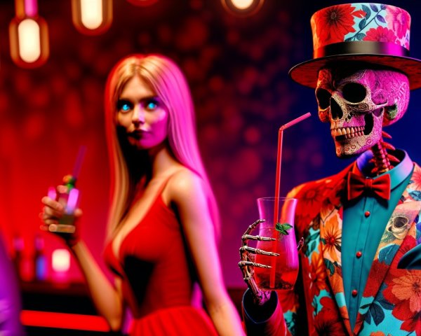 Stylish skeleton and glamorous woman in vibrant bar scene