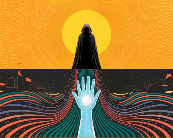 Illustration of a Hooded Figure and City Skyline