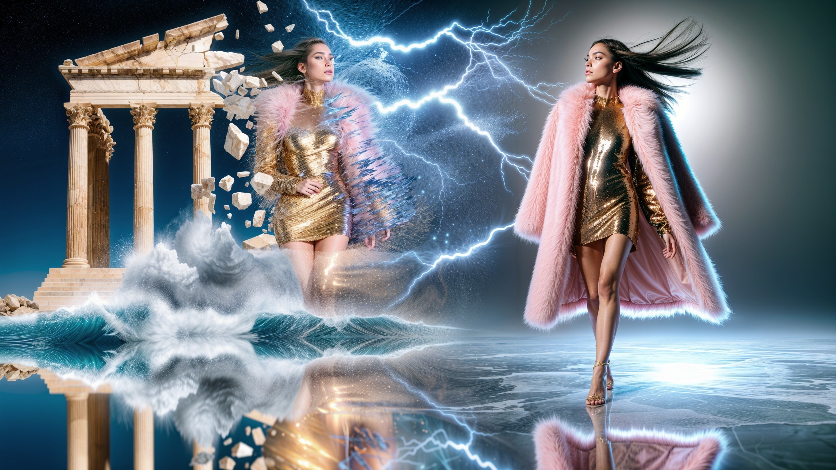 Fashionable Woman in Gold Dress in Ethereal Landscape