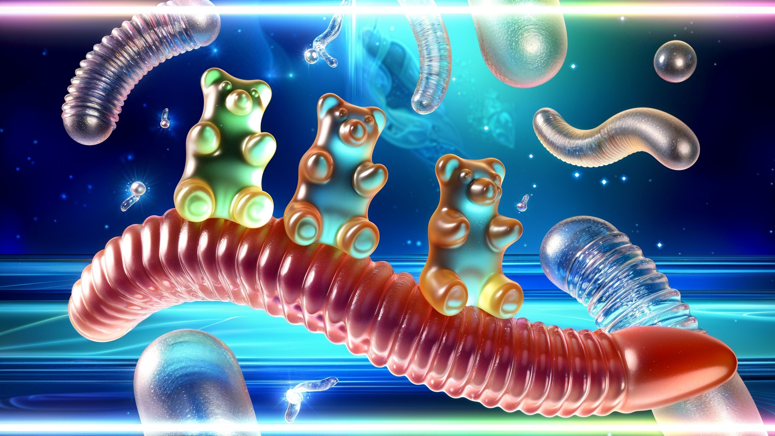 Whimsical Scene with Colorful Gummy Bears and Abstract Shapes