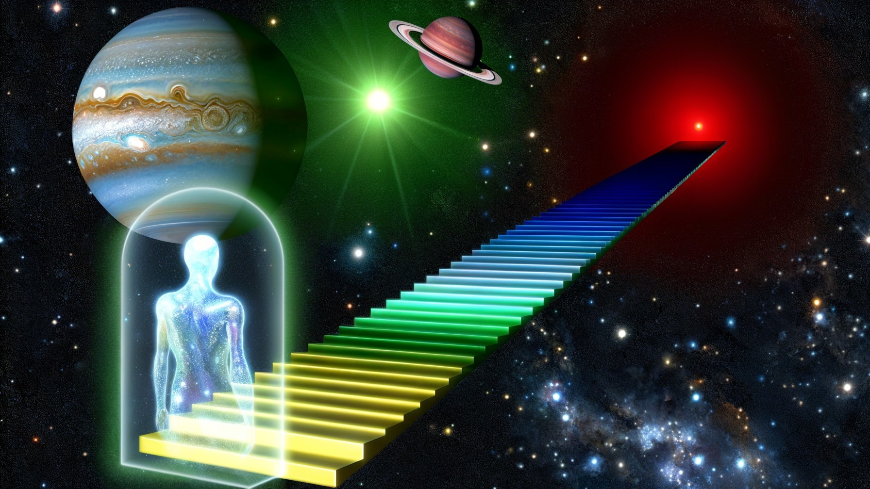 Rainbow-Colored Staircase in Cosmic Space Scene