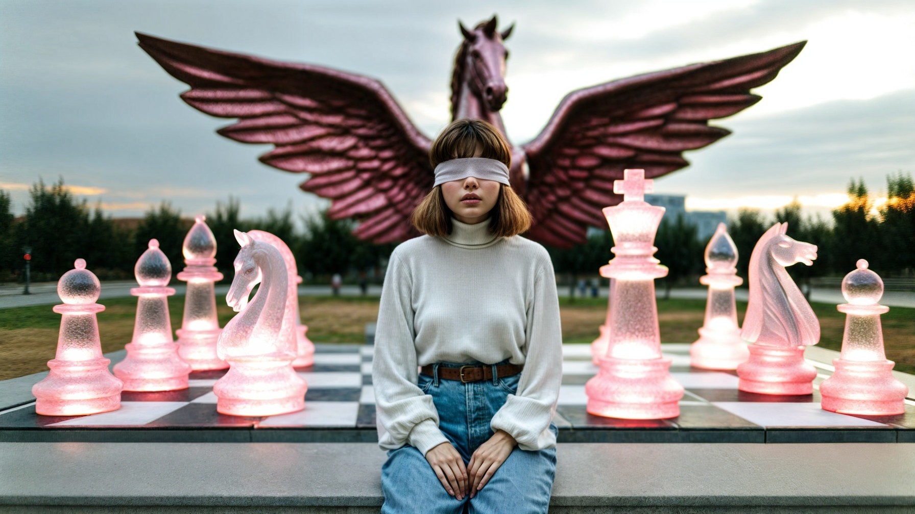 Young Woman on Chessboard with Pink Pieces and Statue