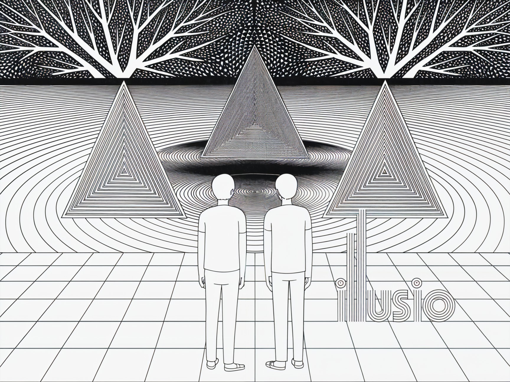 Surreal Landscape with Triangular Shapes and Figures