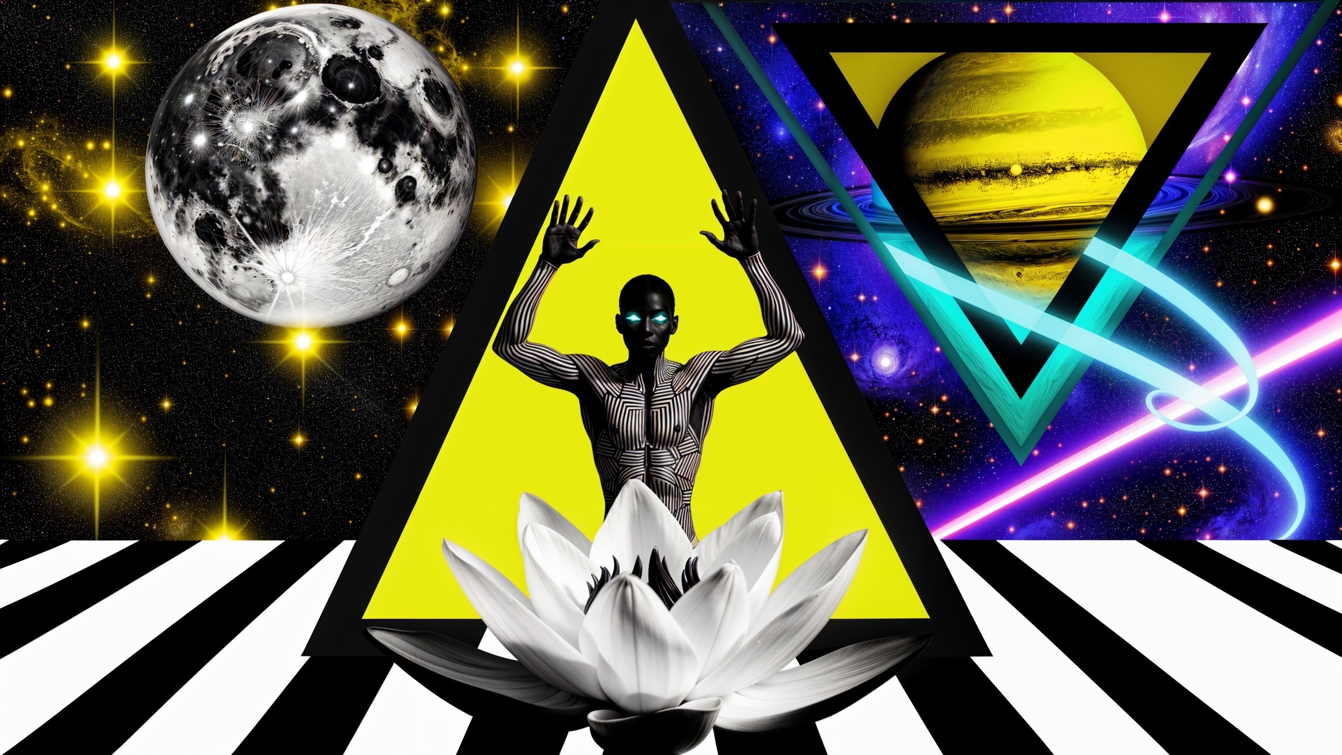 Cosmic Scene with Silhouette and Geometric Shapes