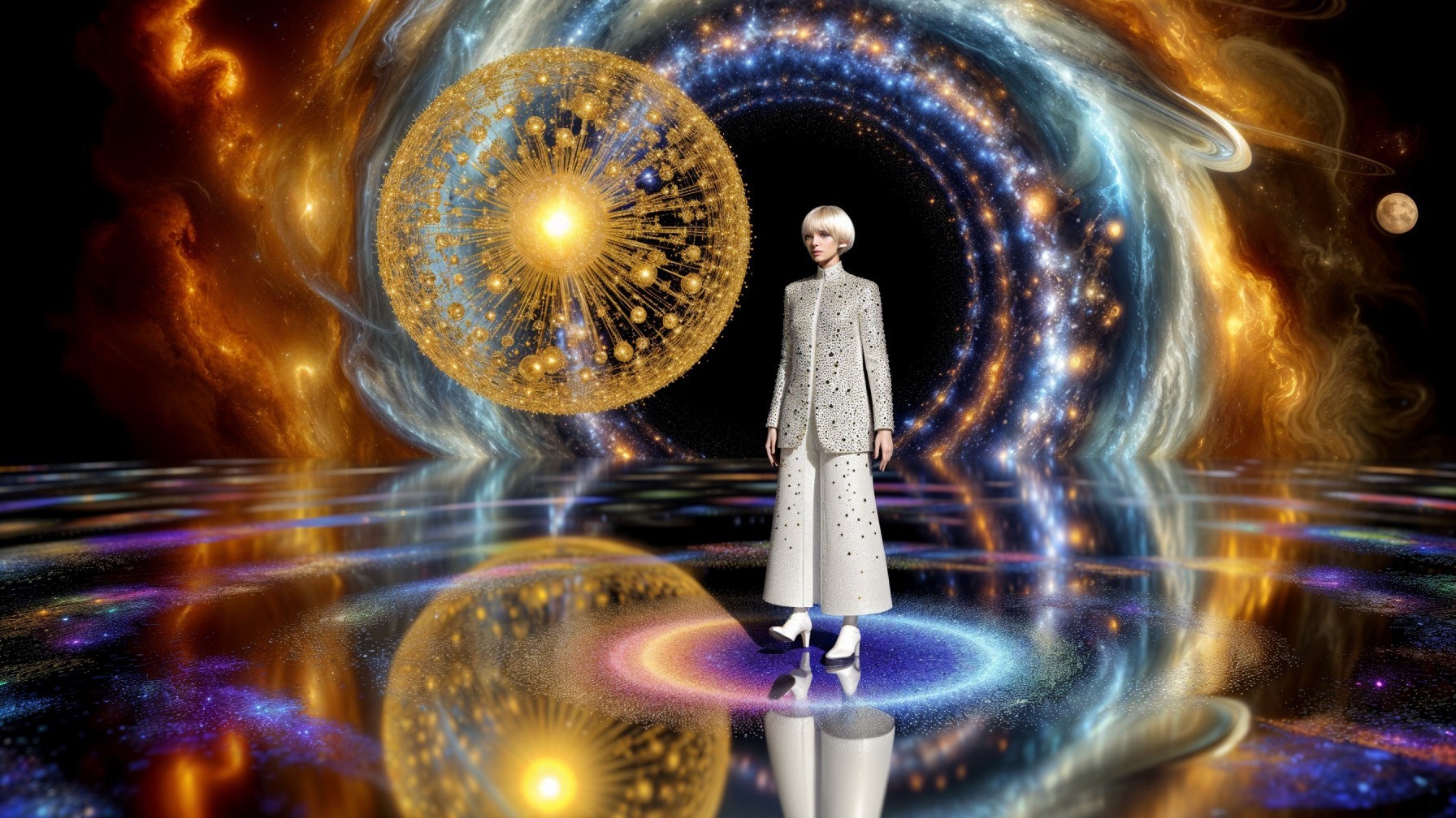Stylish Figure in Cosmic Setting with Vibrant Galaxies