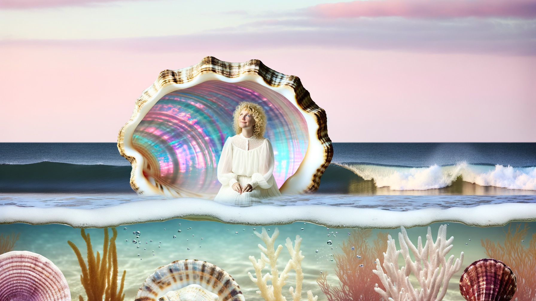 Serene Woman in Iridescent Seashell by Tranquil Seascape