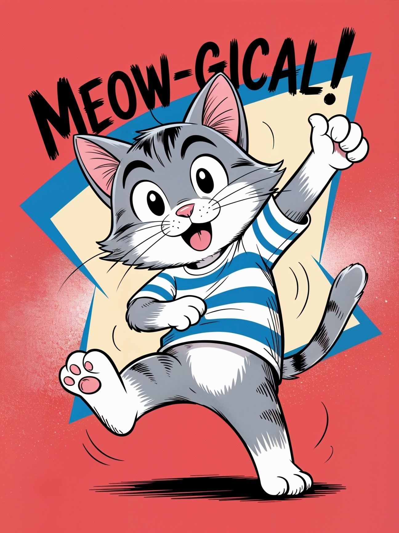 Cheerful cartoon gray cat dancing in vibrant setting