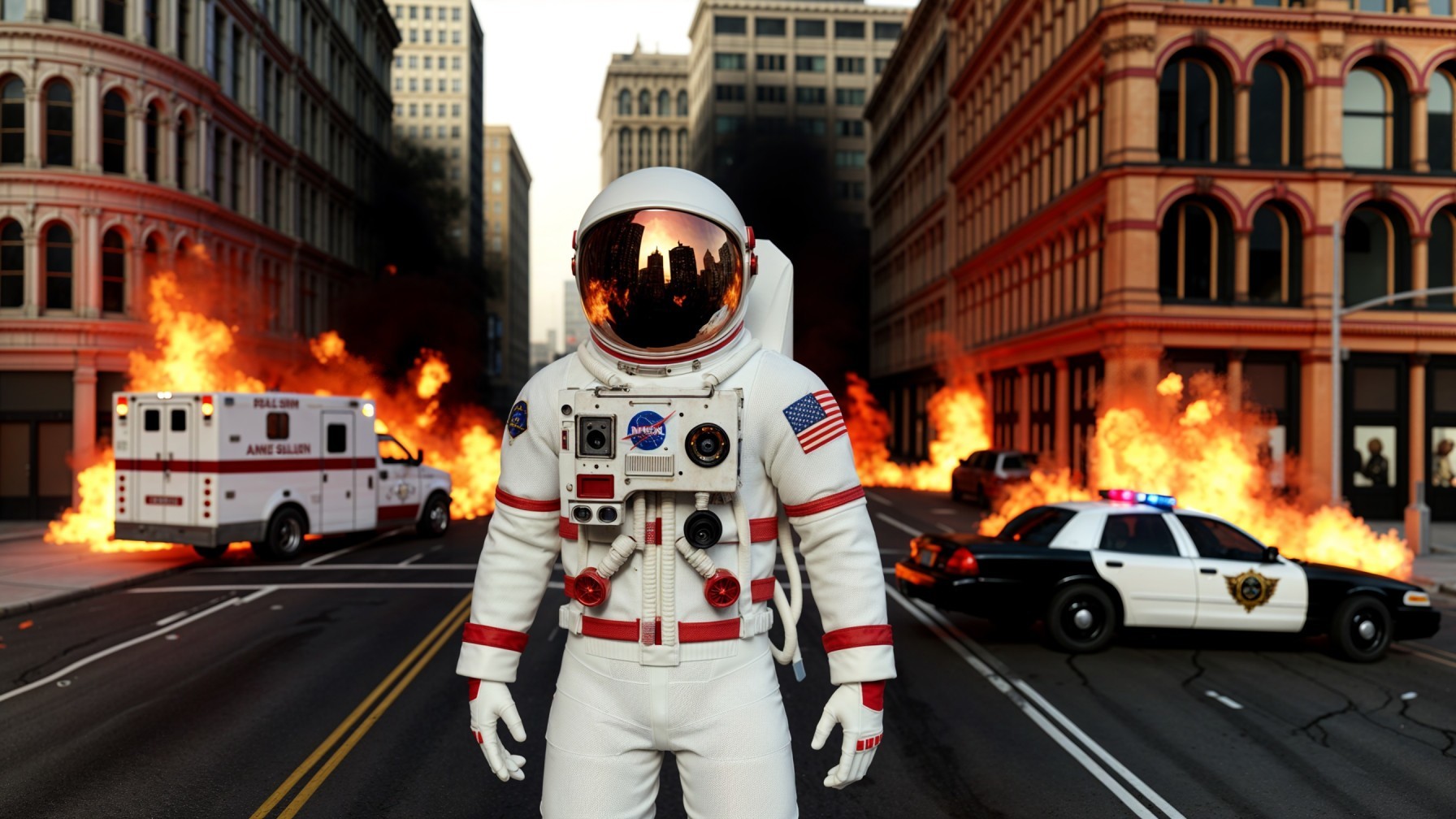 Astronaut in Urban Crisis Surrounded by Flames and Smoke
