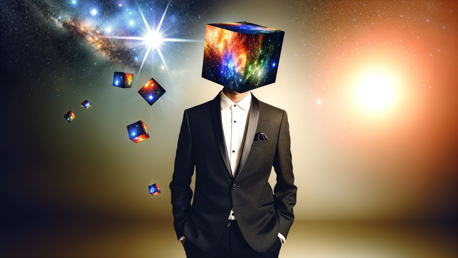 Suited Figure with Cosmic Cube Head in Space Setting