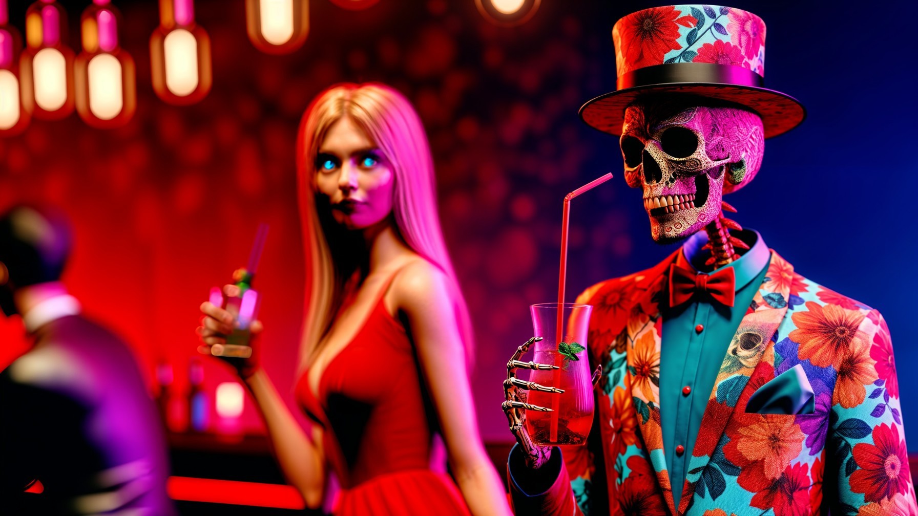Stylish skeleton and glamorous woman in vibrant bar scene
