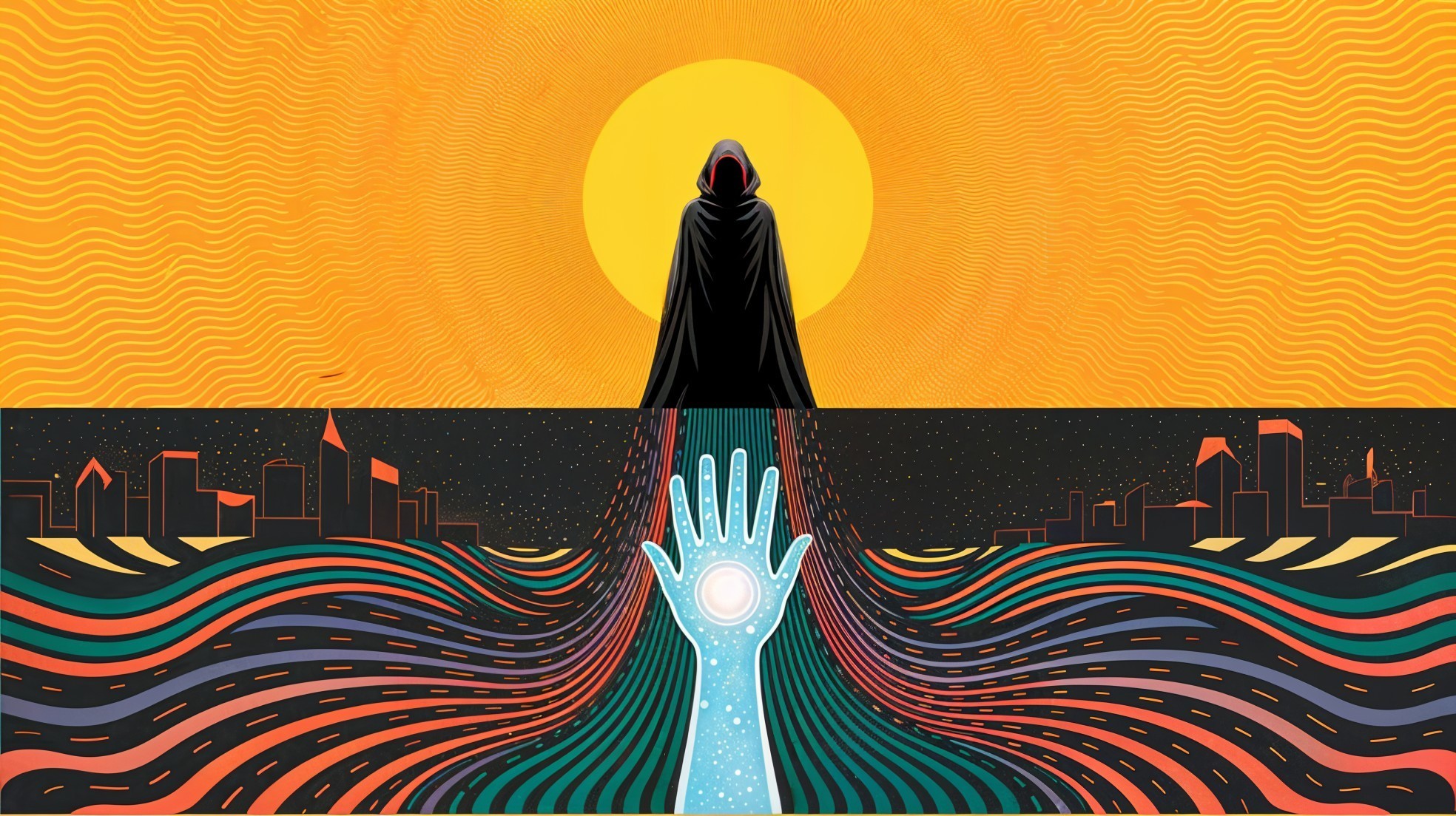 Illustration of a Hooded Figure and City Skyline