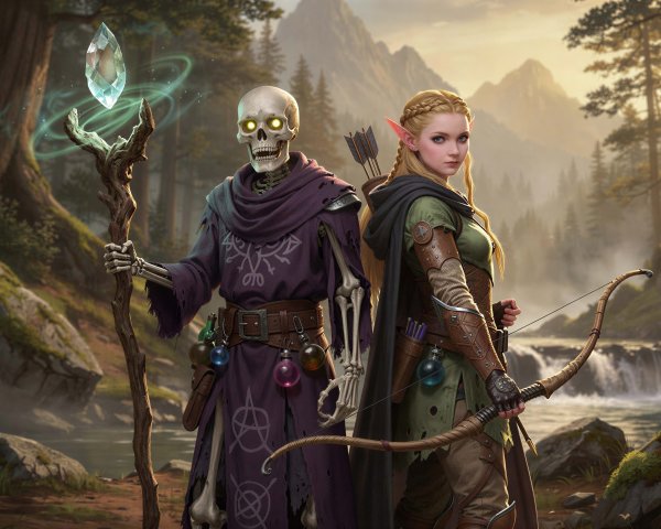Fantasy Illustration of a Necromancer and Elven Ranger