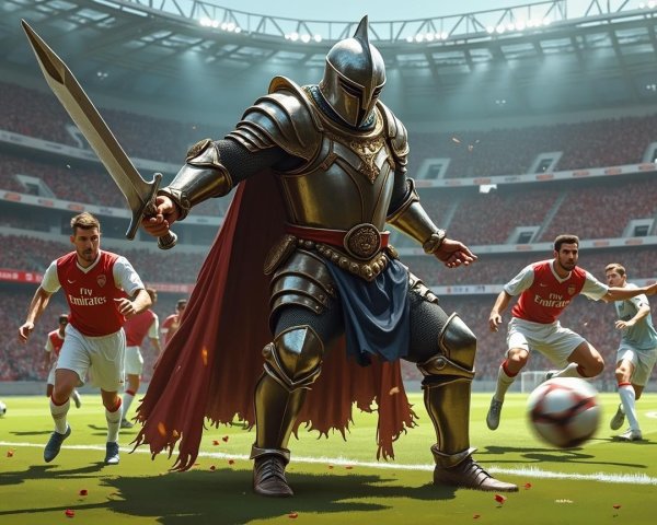 Knight in Armor on Football Pitch with Players