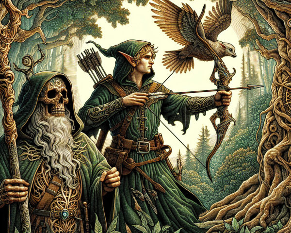 Elf Archer and Skeletal Wizard in Mystical Forest Scene