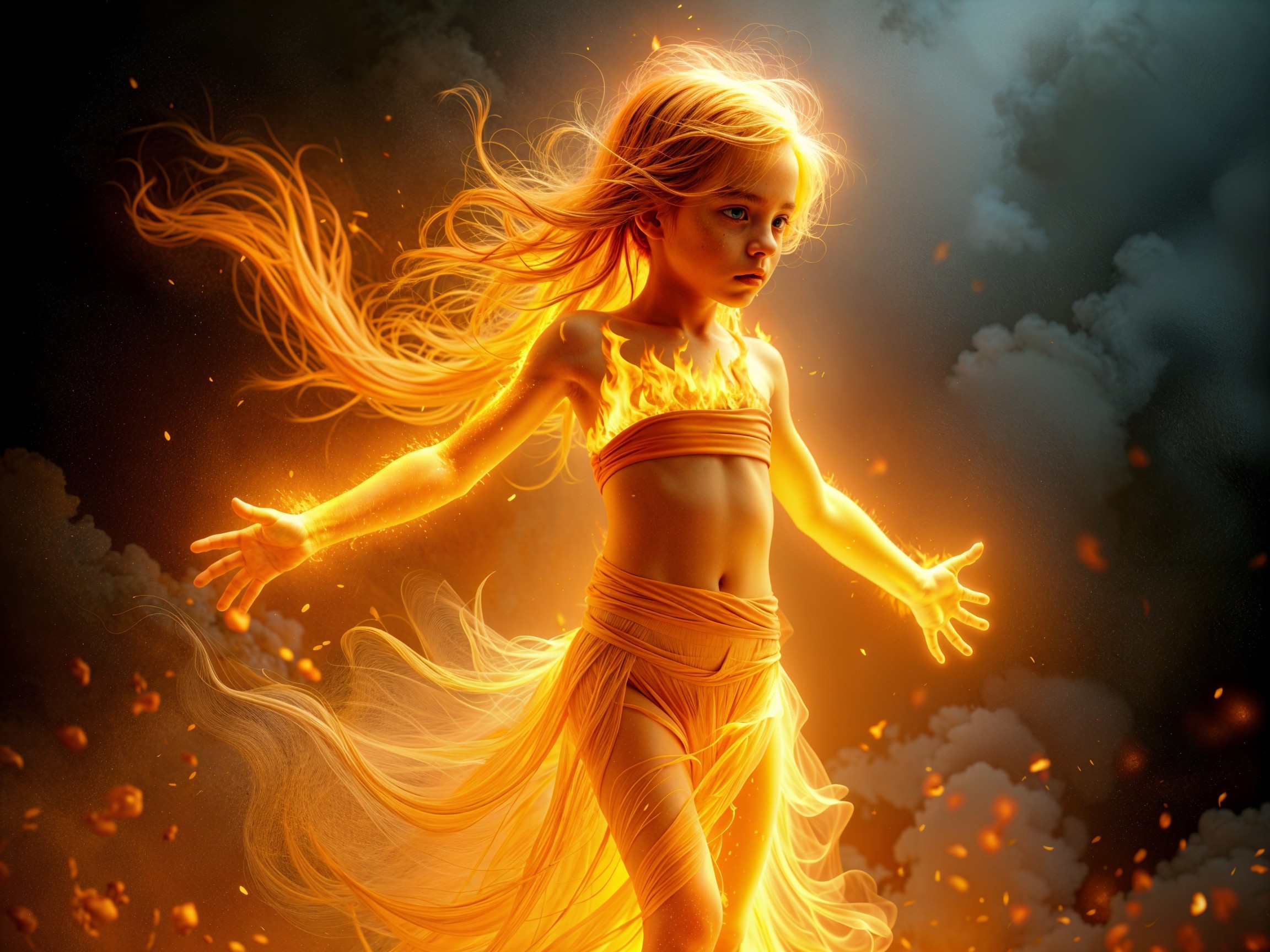 Young girl surrounded by swirling smoke and flames