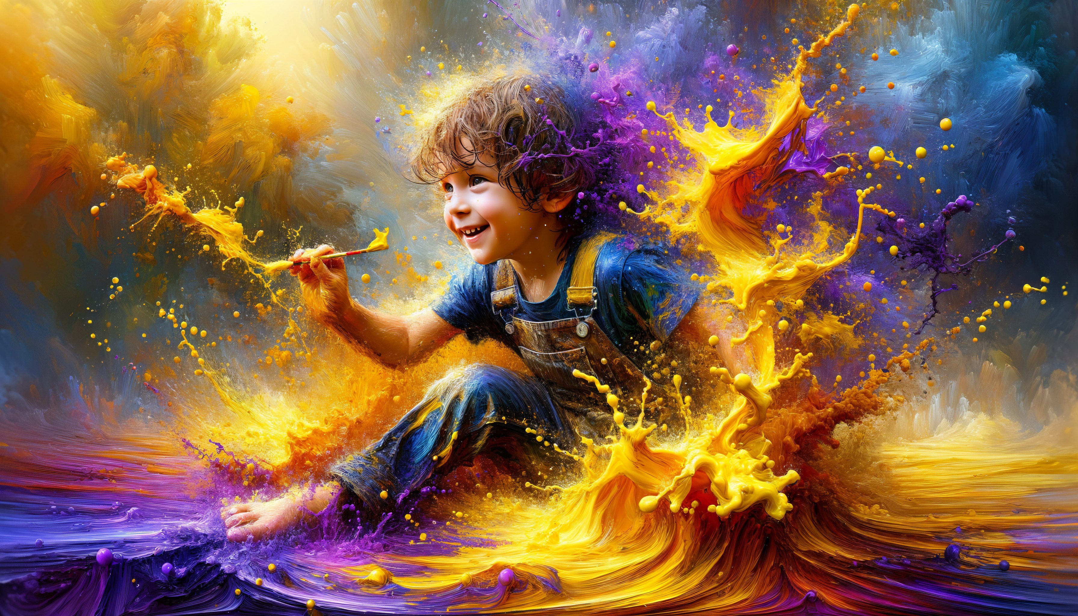 Cheerful Child Splashing Vibrant Colors in Playful Scene