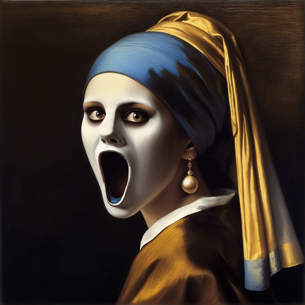Ghostly Figure with Pearl Earring and Dramatic Attire