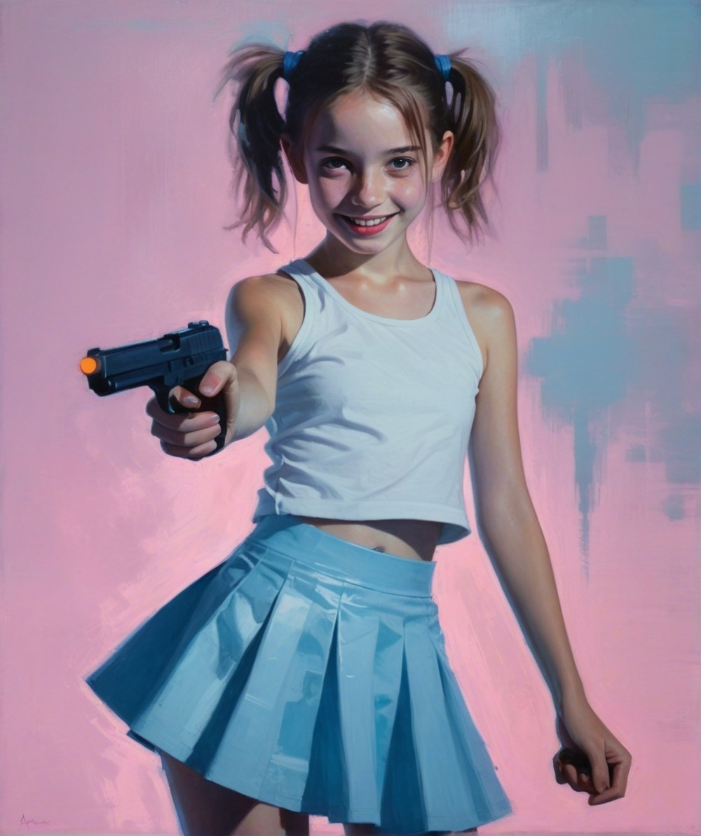 Young girl in playful pose with toy gun and pink background