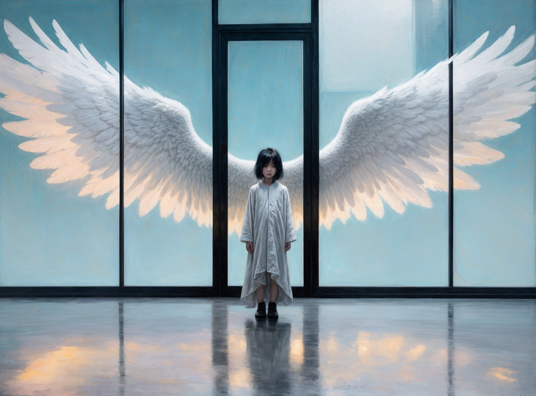 Child in Modern Room with Angelic Wings and Blue Walls