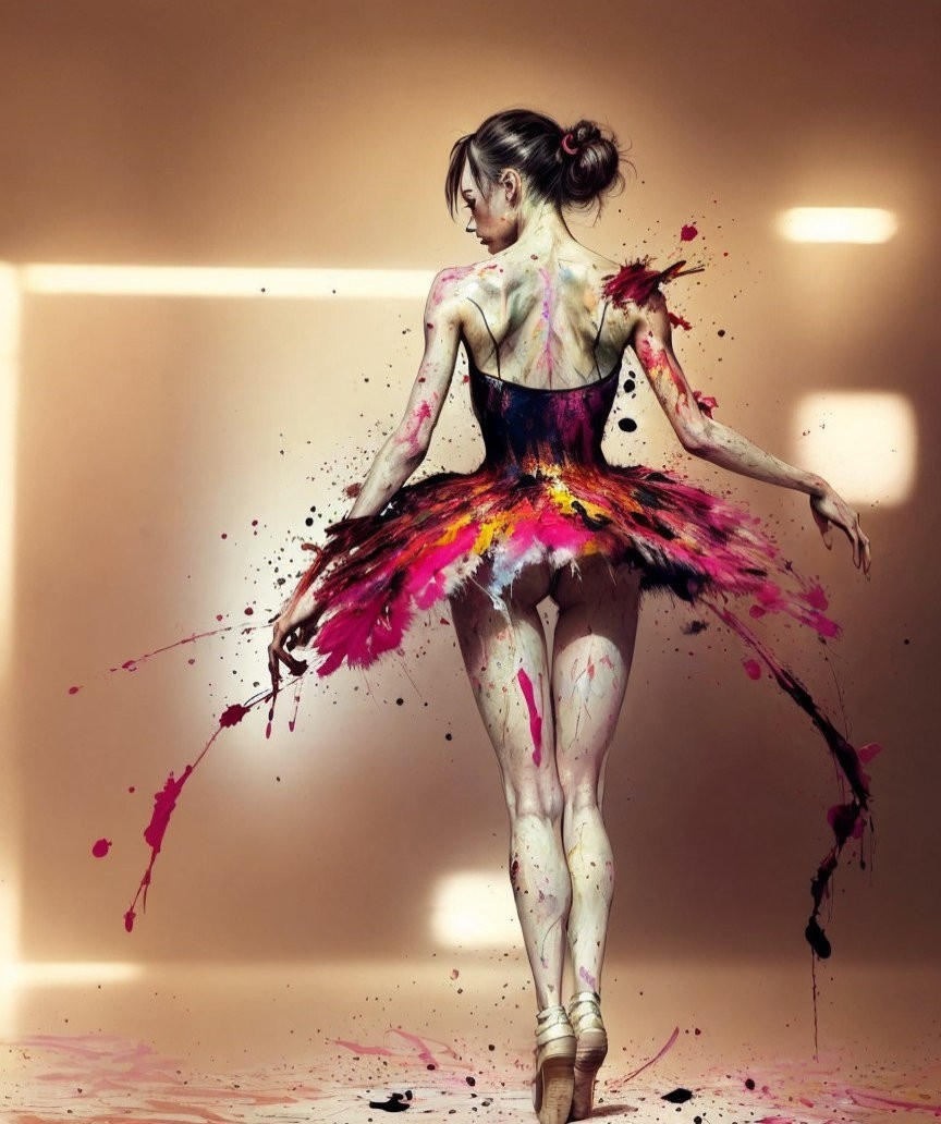 Ballerina in pointe shoes with vibrant paint on tutu