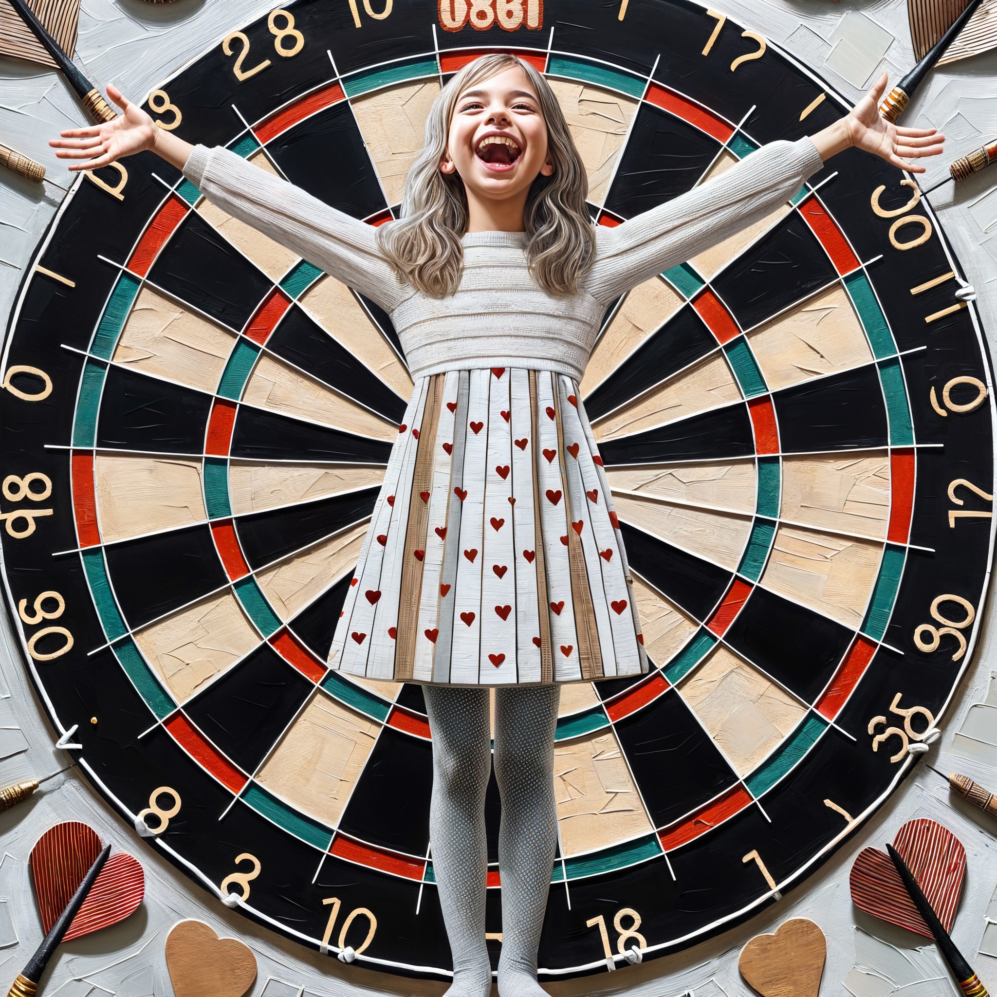 Young girl in striped sweater by colorful dartboard