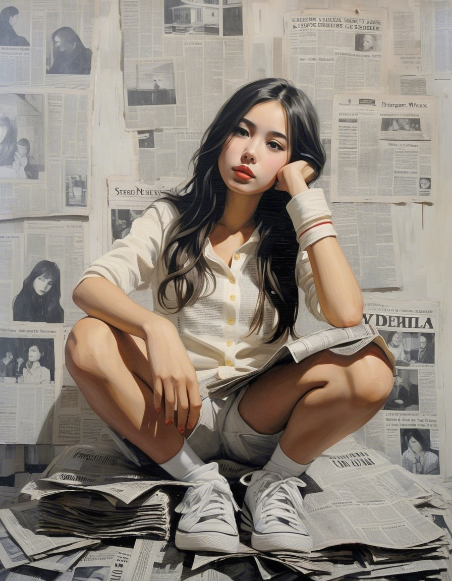 Young woman on newspapers with urban backdrop