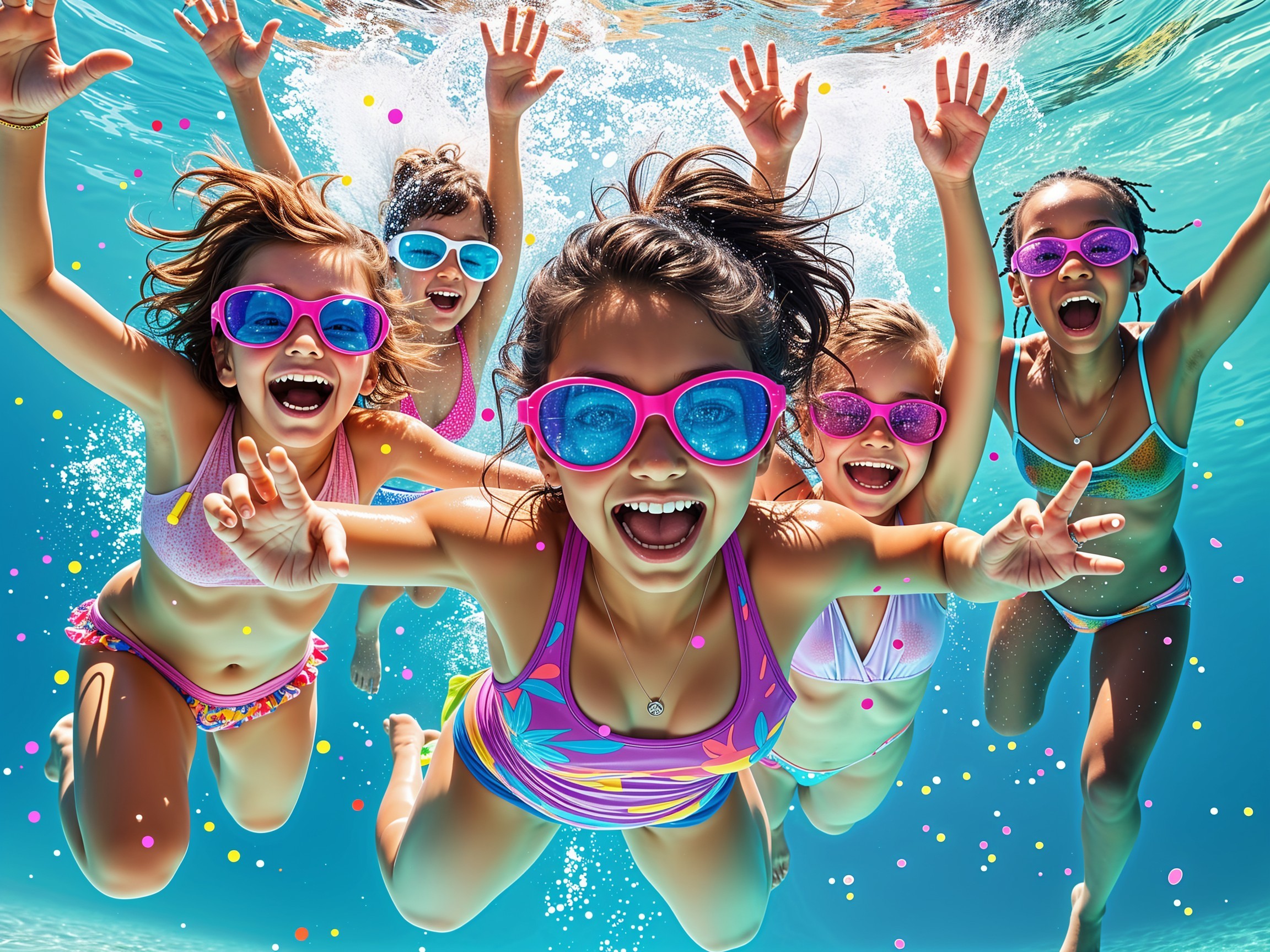Joyful Girls Swimming in Clear Blue Pool Underwater