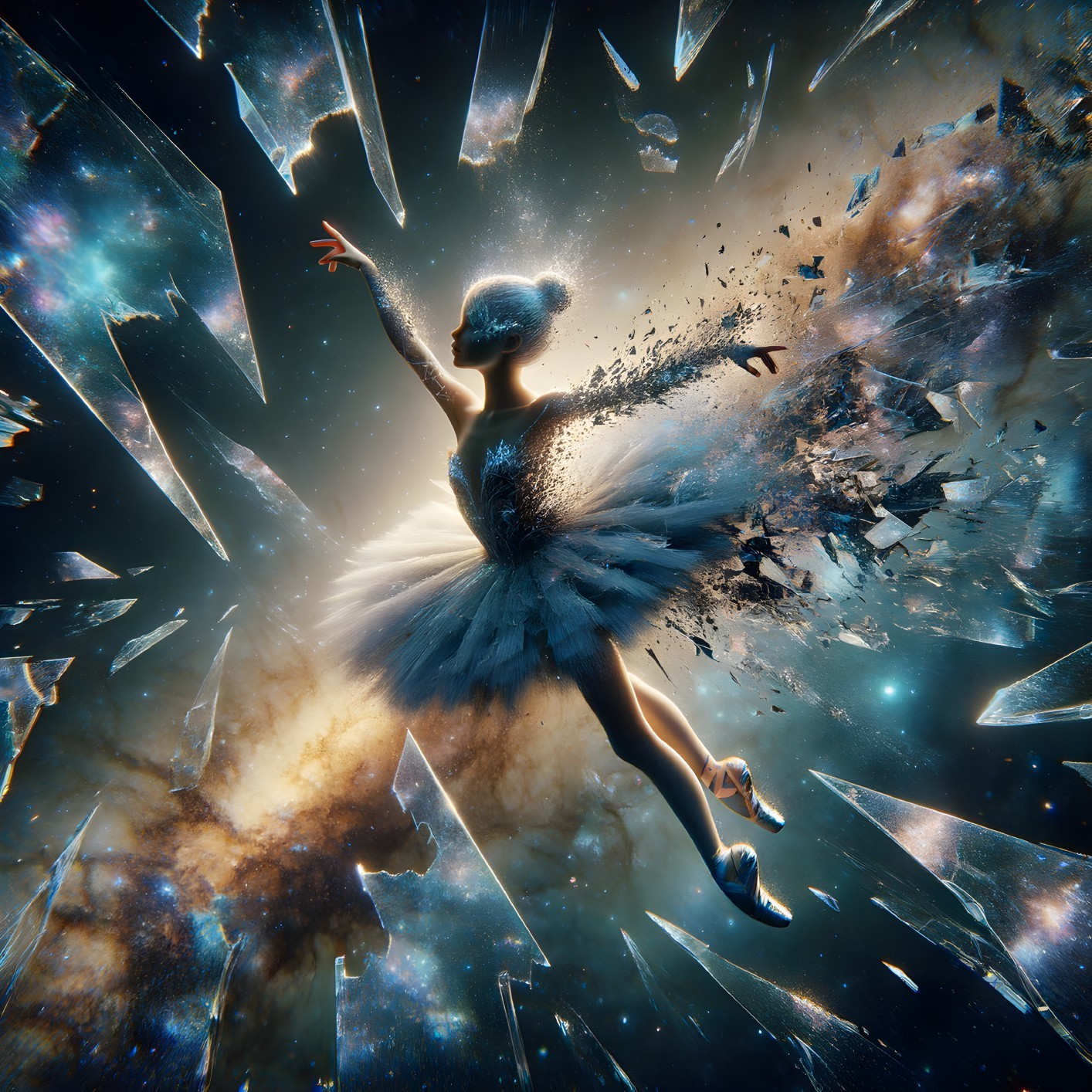Ballerina with cosmic aura among shattered glass and celestial bodies