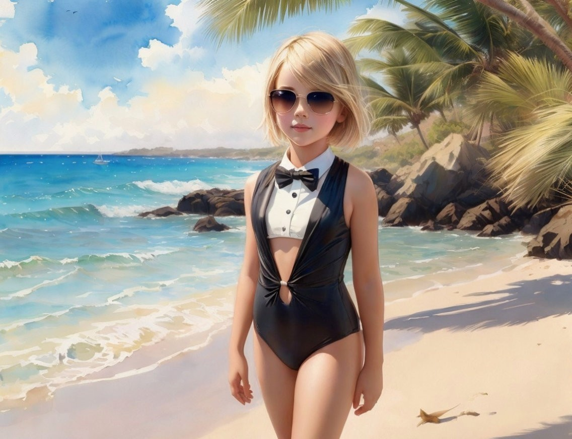 Fashionable girl in sunglasses and black swimsuit on sunny beach with palm trees and sea