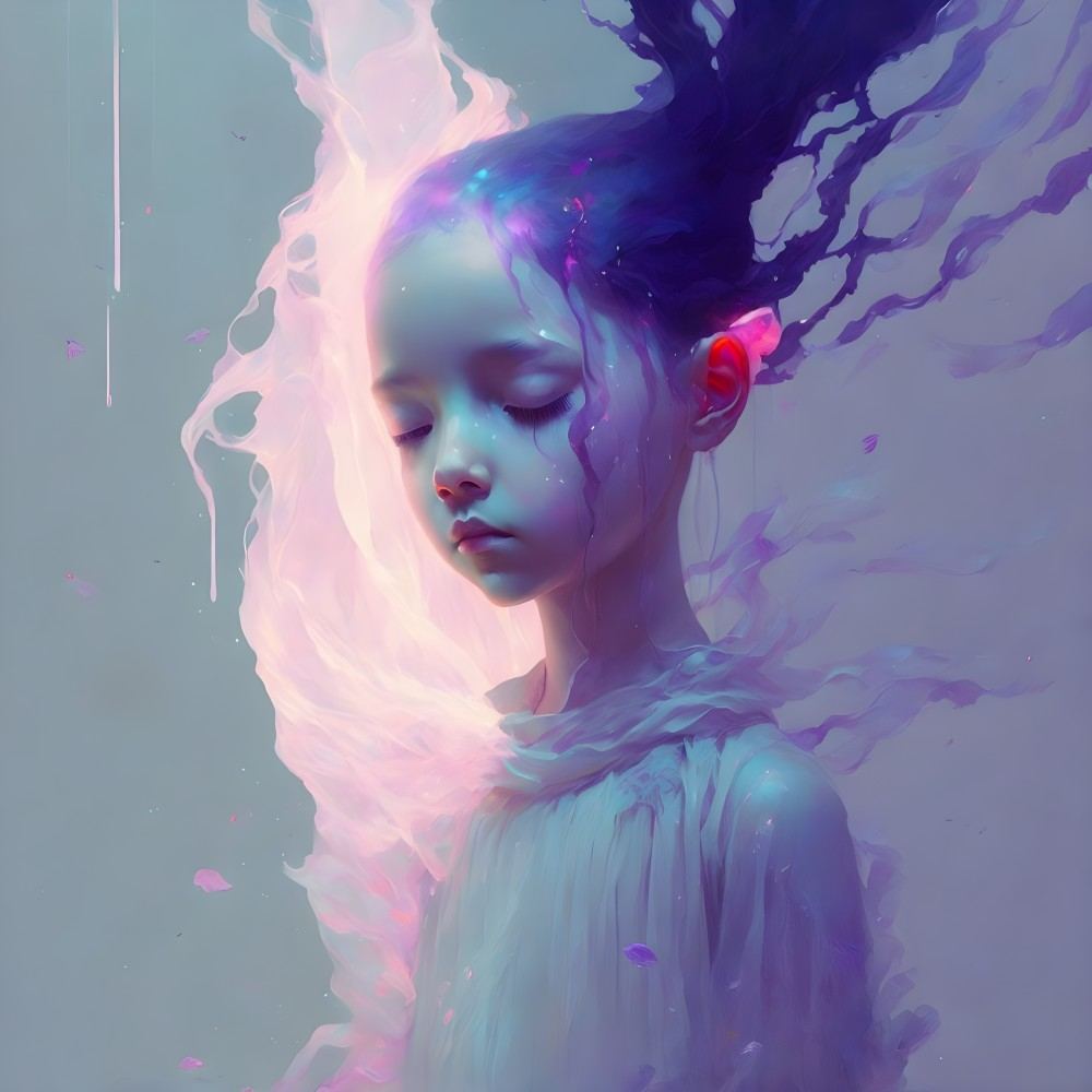 Ethereal portrait of a girl with purple and pink swirling hues
