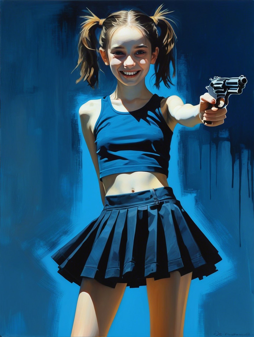 Young girl in pigtails poses with toy gun and skirt